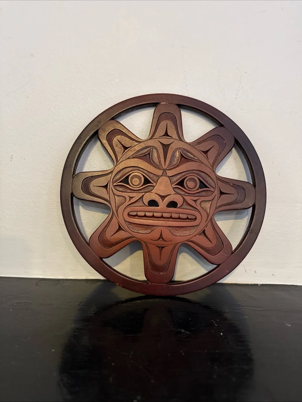 Carved Sun Face Wall Plaque/trivet- Brown